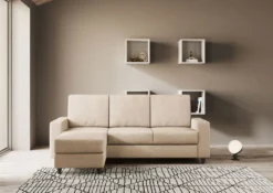 Divano 208x85cm design a tre posti con bracciolo moderno quadrato e pouf beige DI17