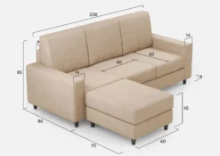 Divano 208x85cm design a tre posti con bracciolo moderno quadrato e pouf beige DI17