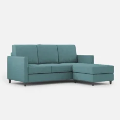 Divano 198x85cm design a tre posti comodo con pouf tessuto idrorepellente blu petrolio DI28