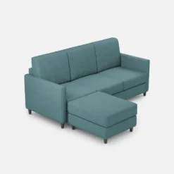 Divano 198x85cm design a tre posti comodo con pouf tessuto idrorepellente blu petrolio DI28