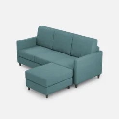 Divano 198x85cm design a tre posti comodo con pouf tessuto idrorepellente blu petrolio DI28