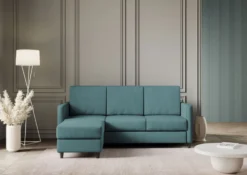 Divano 198x85cm design a tre posti comodo con pouf tessuto idrorepellente blu petrolio DI28