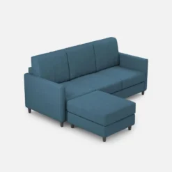 Divano 198x85cm design a tre posti comodo con pouf tessuto idrorepellente blu avio DI28