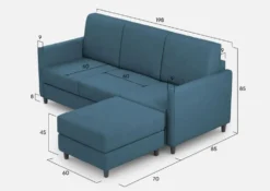 Divano 198x85cm design a tre posti comodo con pouf tessuto idrorepellente blu avio DI28