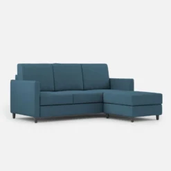 Divano 198x85cm design a tre posti comodo con pouf tessuto idrorepellente blu avio DI28