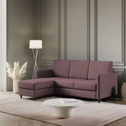 Divano 198x85cm design a tre posti comodo con pouf tessuto idrorepellente prugna DI28