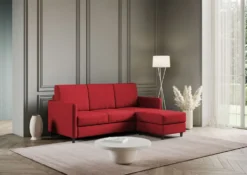Divano 198x85cm design a tre posti comodo con pouf tessuto idrorepellente rosso DI28