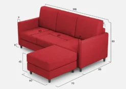 Divano 198x85cm design a tre posti comodo con pouf tessuto idrorepellente rosso DI28