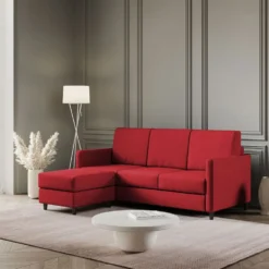 Divano 198x85cm design a tre posti comodo con pouf tessuto idrorepellente rosso DI28
