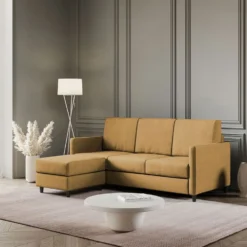 Divano 198x85cm design a tre posti comodo con pouf tessuto idrorepellente ocra DI28