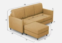Divano 198x85cm design a tre posti comodo con pouf tessuto idrorepellente ocra DI28