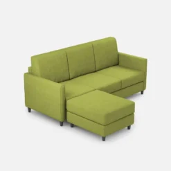 Divano 198x85cm design a tre posti comodo con pouf tessuto idrorepellente verde DI28