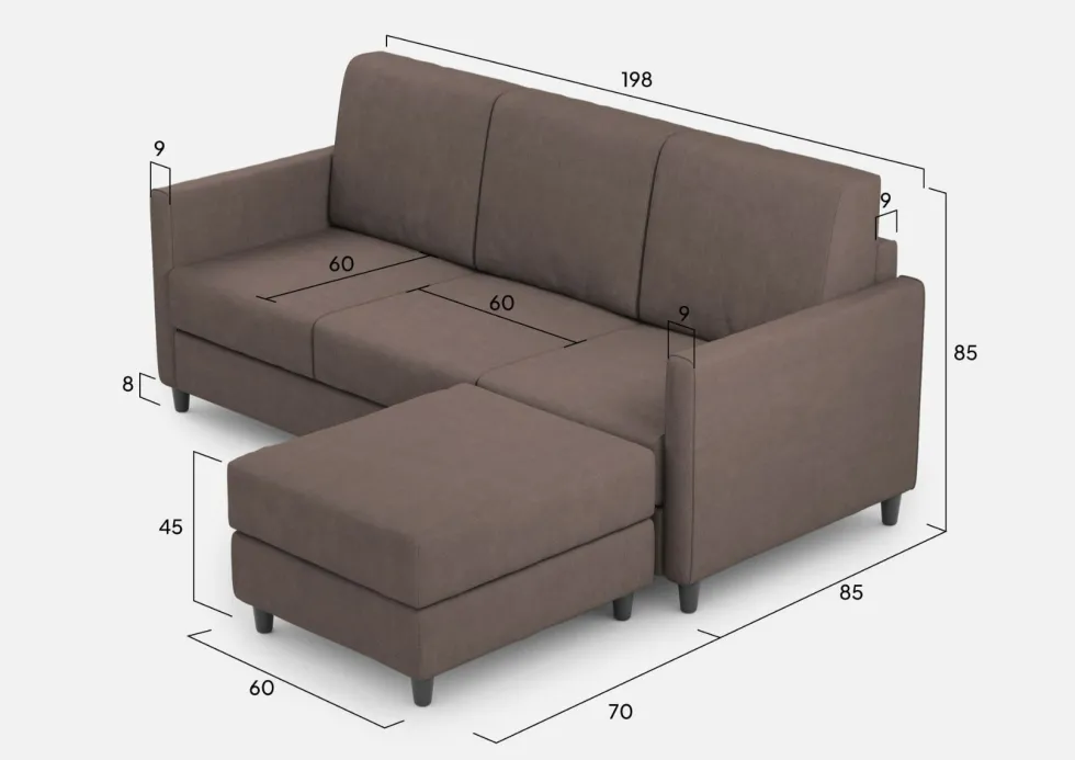 Divano 198x85cm design a tre posti comodo con pouf tessuto idrorepellente talpa DI28