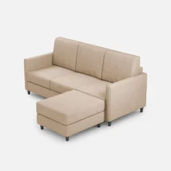 Divano 198x85cm design a tre posti comodo con pouf tessuto idrorepellente beige DI28