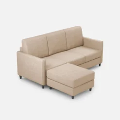 Divano 198x85cm design a tre posti comodo con pouf tessuto idrorepellente beige DI28