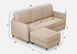 Divano 198x85cm design a tre posti comodo con pouf tessuto idrorepellente beige DI28