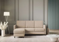 Divano 198x85cm design a tre posti comodo con pouf tessuto idrorepellente beige DI28