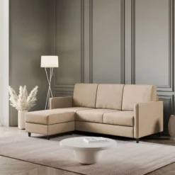 Divano 198x85cm design a tre posti comodo con pouf tessuto idrorepellente beige DI28
