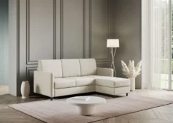 Divano 198x85cm design a tre posti comodo con pouf tessuto idrorepellente bianco latte DI28