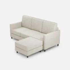 Divano 198x85cm design a tre posti comodo con pouf tessuto idrorepellente bianco latte DI28