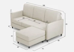 Divano 198x85cm design a tre posti comodo con pouf tessuto idrorepellente bianco latte DI28