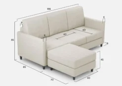 Divano 198x85cm design a tre posti comodo con pouf tessuto idrorepellente bianco latte DI28