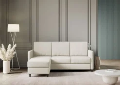 Divano 198x85cm design a tre posti comodo con pouf tessuto idrorepellente bianco latte DI28