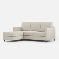 Divano 198x85cm design a tre posti comodo con pouf tessuto idrorepellente bianco latte DI28