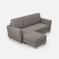 Divano 212x85cm design a tre posti con piedini in legno e pouf idrorepellente grigio DI39