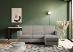 Divano 212x85cm design a tre posti con piedini in legno e pouf idrorepellente grigio DI39