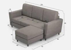 Divano 212x85cm design a tre posti con piedini in legno e pouf idrorepellente grigio DI39