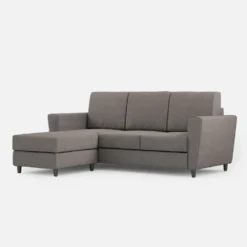 Divano 212x85cm design a tre posti con piedini in legno e pouf idrorepellente grigio DI39