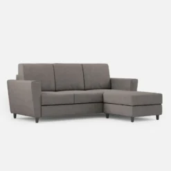 Divano 212x85cm design a tre posti con piedini in legno e pouf idrorepellente grigio DI39