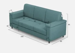Divano 208x85cm design a tre posti con bracciolo squadrato tessuto idrorepellente blu petrolio DI3
