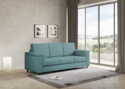 Divano 208x85cm design a tre posti con bracciolo squadrato tessuto idrorepellente blu petrolio DI3