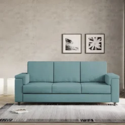 Divano 208x85cm design a tre posti con bracciolo squadrato tessuto idrorepellente blu petrolio DI3