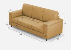 Divano 208x85cm design a tre posti con bracciolo squadrato tessuto idrorepellente ocra DI3