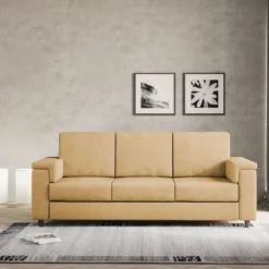 Divano 208x85cm design a tre posti con bracciolo squadrato tessuto idrorepellente ocra DI3