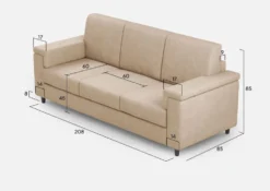 Divano 208x85cm design a tre posti con bracciolo squadrato tessuto idrorepellente beige DI3