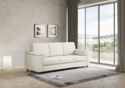 Divano 208x85cm design a tre posti con bracciolo squadrato tessuto idrorepellente bianco latte DI3