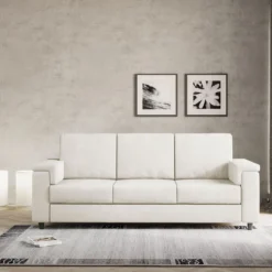 Divano 208x85cm design a tre posti con bracciolo squadrato tessuto idrorepellente bianco latte DI3