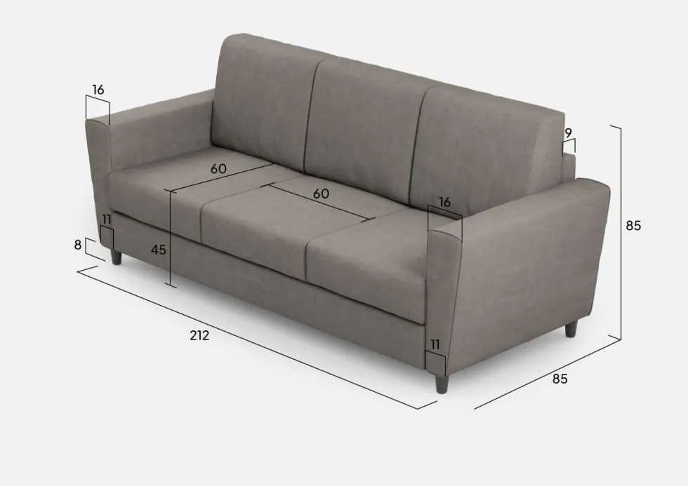 Divano 212x85cm design a tre posti con piedini in legno e tessuto idrorepellente grigio DI36