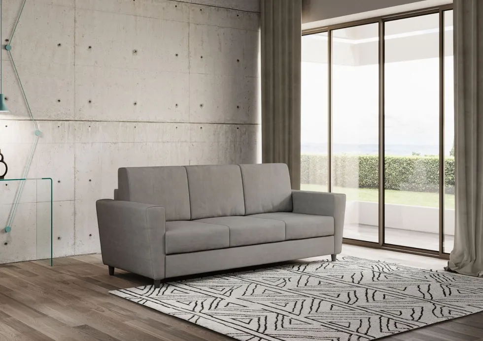 Divano 212x85cm design a tre posti con piedini in legno e tessuto idrorepellente grigio DI36
