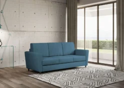 Divano 212x85cm design a tre posti con piedini in legno e tessuto idrorepellente blu avio DI36