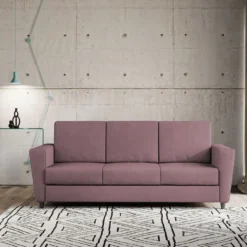 Divano 212x85cm design a tre posti con piedini in legno e tessuto idrorepellente prugna DI36