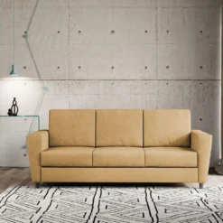 Divano 212x85cm design a tre posti con piedini in legno e tessuto idrorepellente ocra DI36