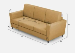 Divano 212x85cm design a tre posti con piedini in legno e tessuto idrorepellente ocra DI36