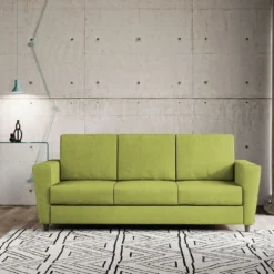 Divano 212x85cm design a tre posti con piedini in legno e tessuto idrorepellente verde DI36