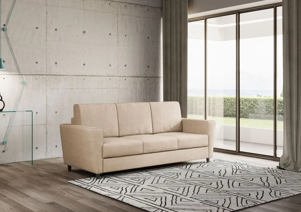 Divano 212x85cm design a tre posti con piedini in legno e tessuto idrorepellente beige DI36