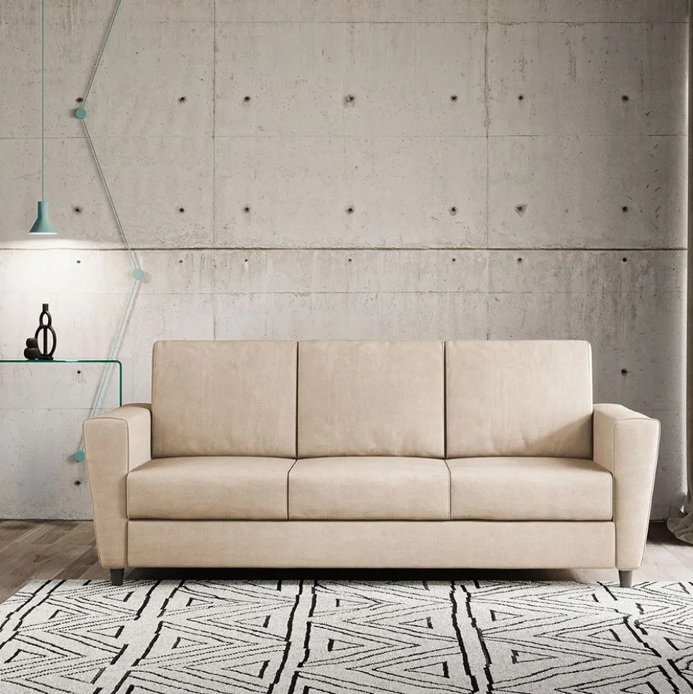 Divano 212x85cm design a tre posti con piedini in legno e tessuto idrorepellente beige DI36